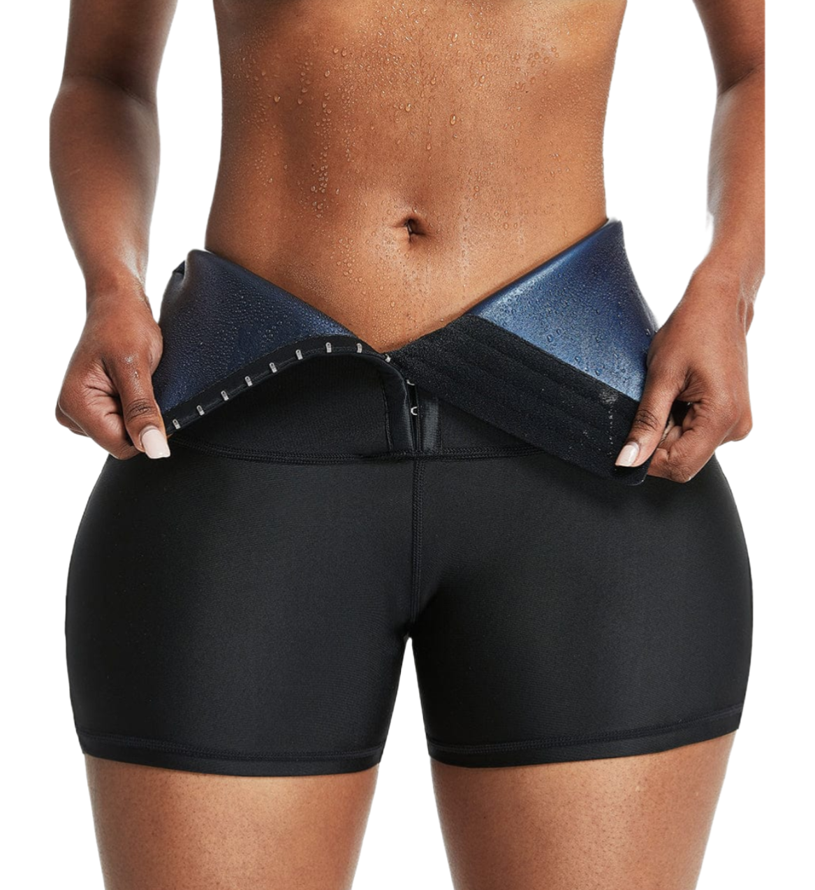 BLUE NEOPRENE CELLULITE-REDUCING SHORTS WITH HOOK-AND-EYE CLOSURE