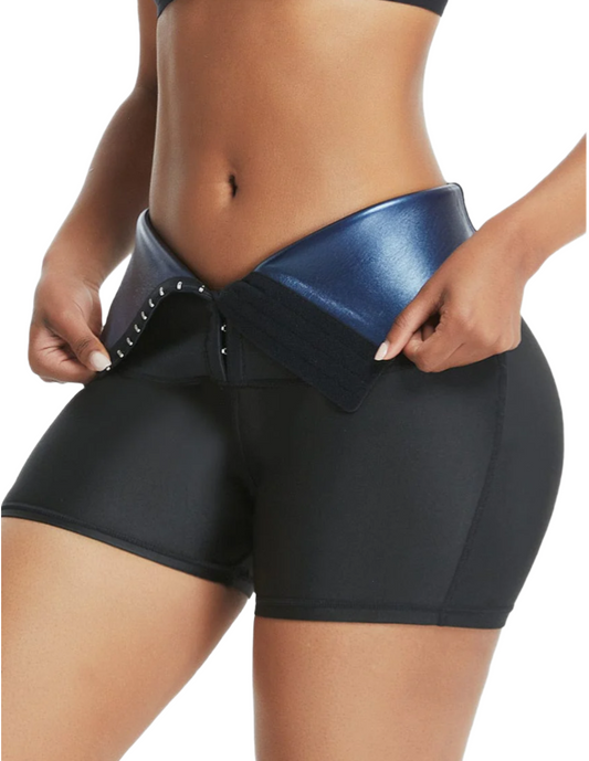 BLUE NEOPRENE CELLULITE-REDUCING SHORTS WITH HOOK-AND-EYE CLOSURE