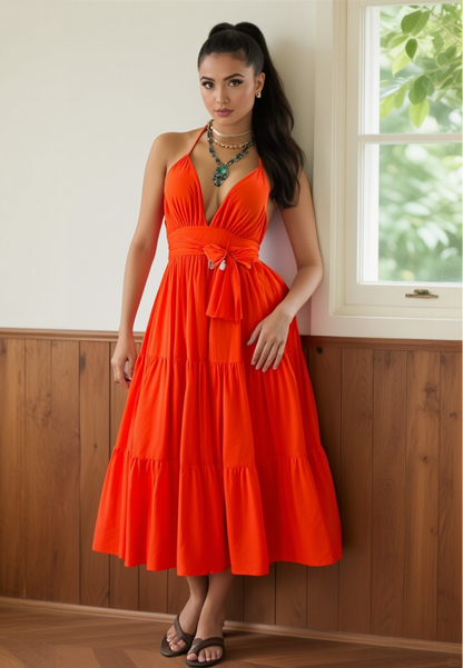 Andreina-Halter Neck Tiered Dress